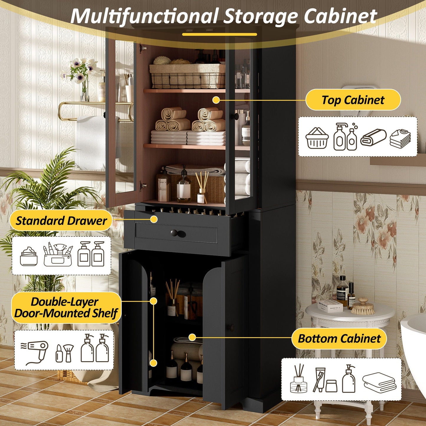 Bathroom Storage Cabinet, Adjustable Shelves & Drawer, Freestanding Tower
