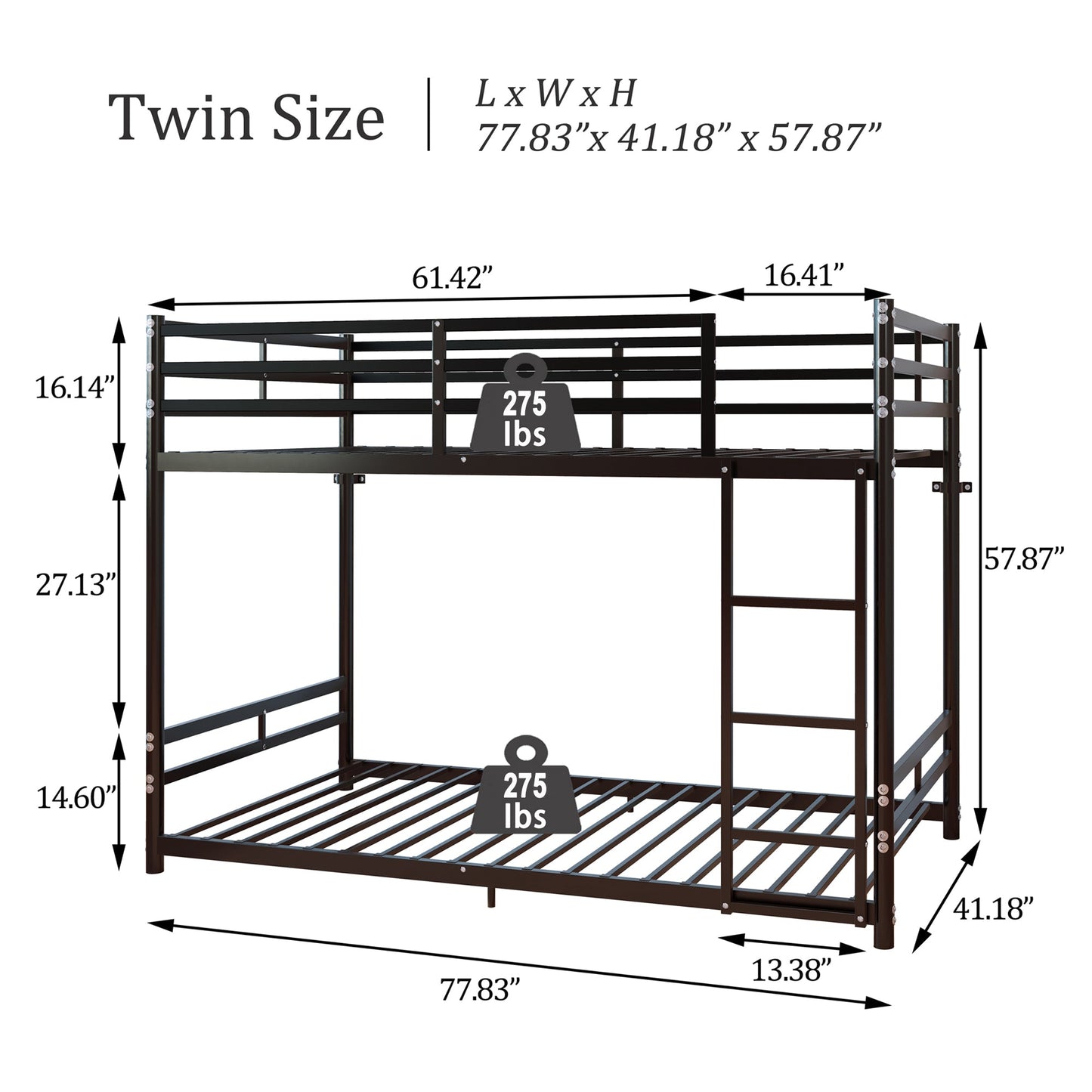 Bunk Bed with Ladder and High Guardrail Metal Bunk Bed, Storage Space, Noise Free, Twin Over Twin Size