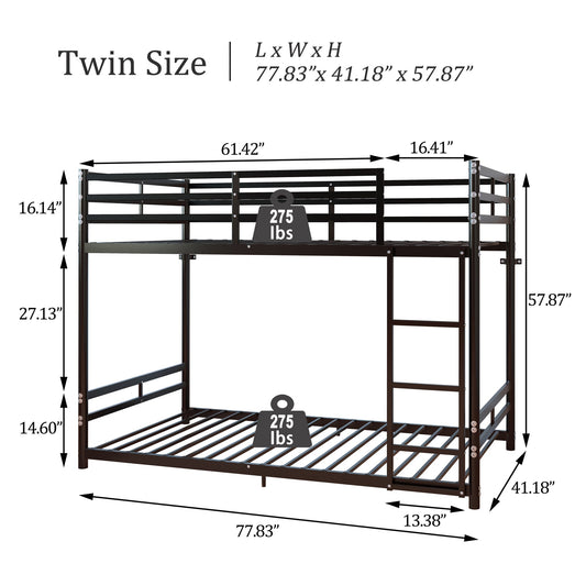 Bunk Bed with Ladder and High Guardrail Metal Bunk Bed, Storage Space, Noise Free, Twin Over Twin Size