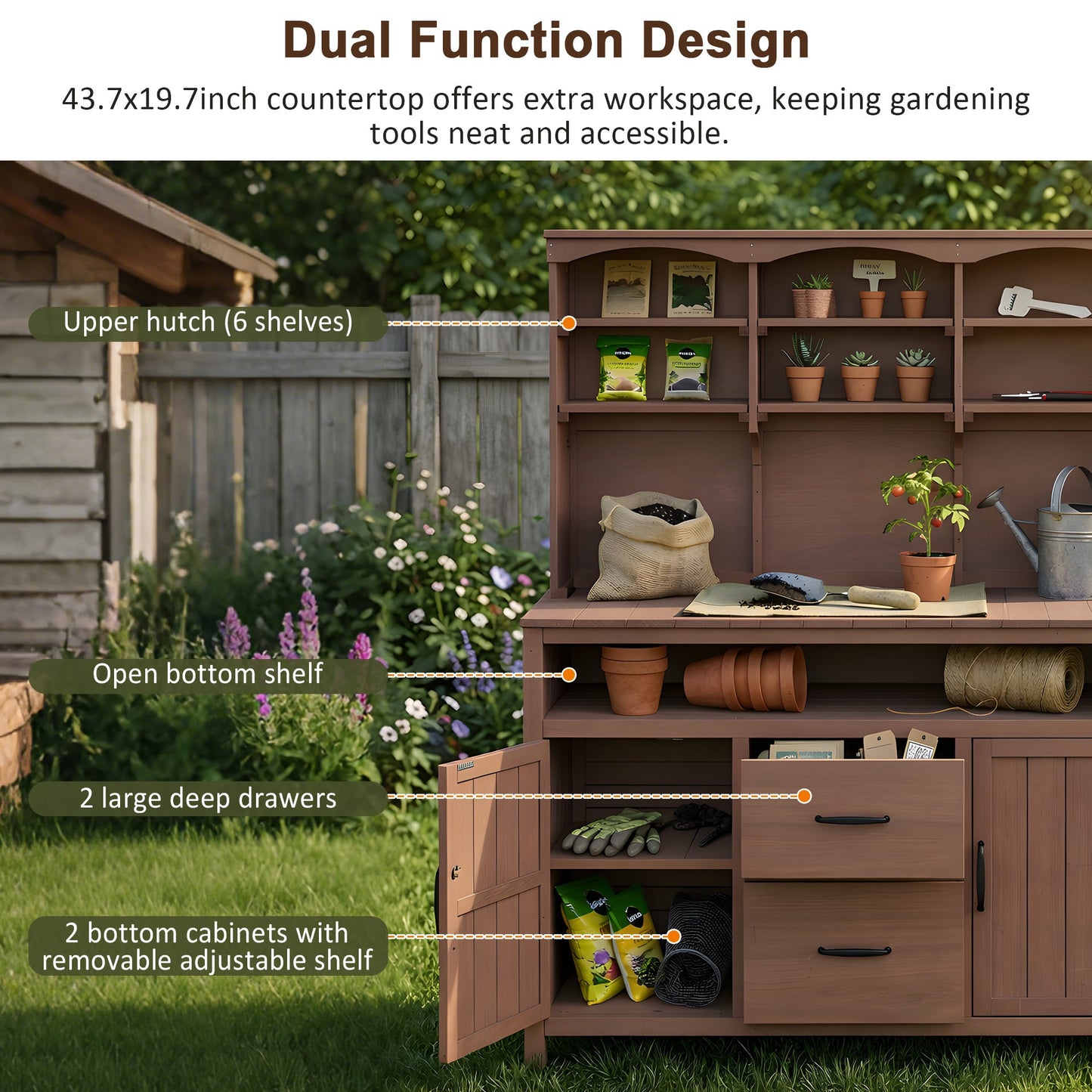TOPMAX Large Fir Wood Potting Bench with Hutch and Storage