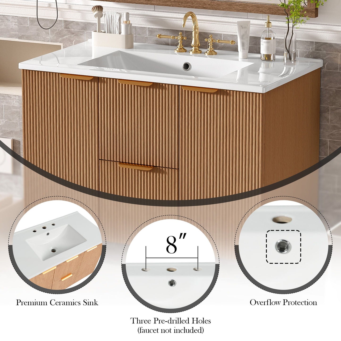 Modern Wall Mounted Bathroom Vanity, Soft Close Doors