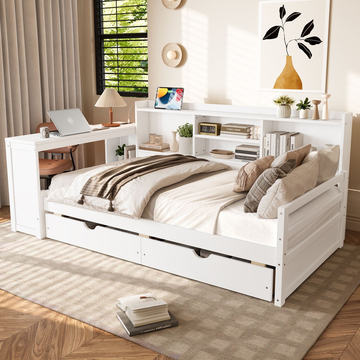 Corner Daybed With Storage Drawers, Desk, Charging Port & Bookcase
