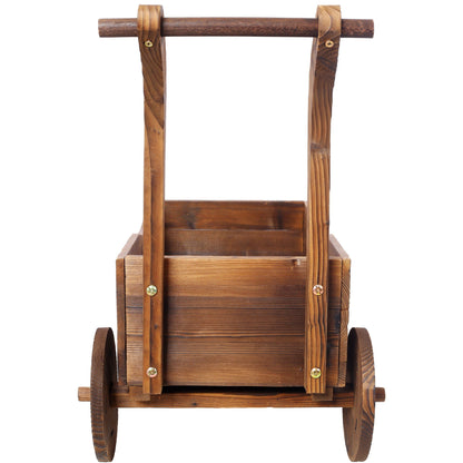 Wooden Wagon Planter Box Mobile Garden Planter With Wheels Handle Drain Hole Wood - Brown