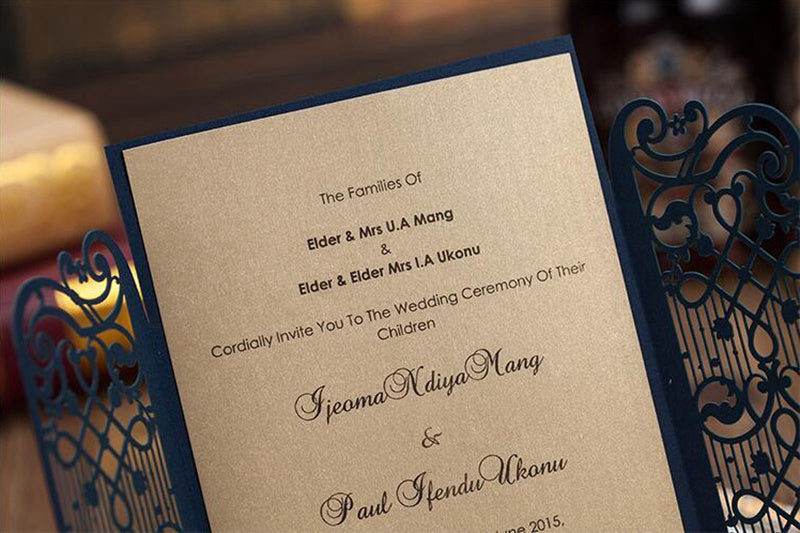 Personalized Navy Blue Laser Cut Wedding Invitation | Custom Tri-Fold Elegant Floral Gate Design Cards for Weddings, Quinceañeras & Special Events