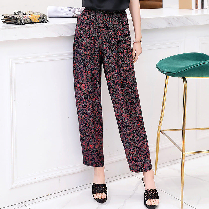 Vibrant Red & Blue Floral Cotton Linen Bloomers | Plus Size Breathable Mother Pants High-Waisted Comfort Slacks