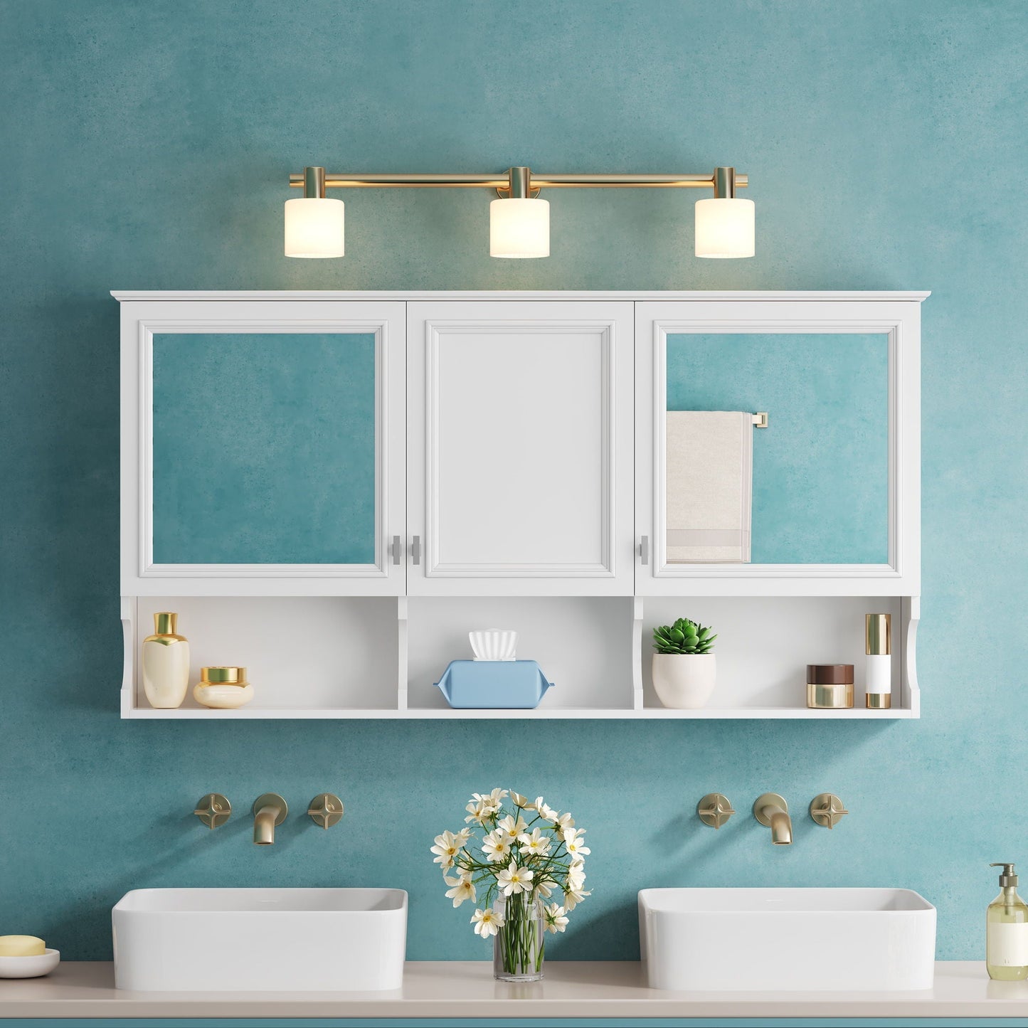 Wall-Mounted Mirror Medicine Cabinet with Adjustable Shelves and Open Storage