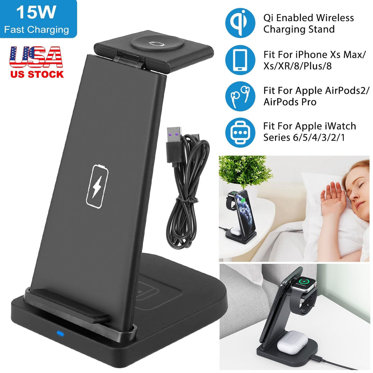 3-in-1 Wireless Qi Enabled Charger Dock 15W Fast Charging Station For iPhone Apple iWatch Series 6/5/4/3/2/1 AirPods 2 AirPods Pro Fit For iPhone Xs M