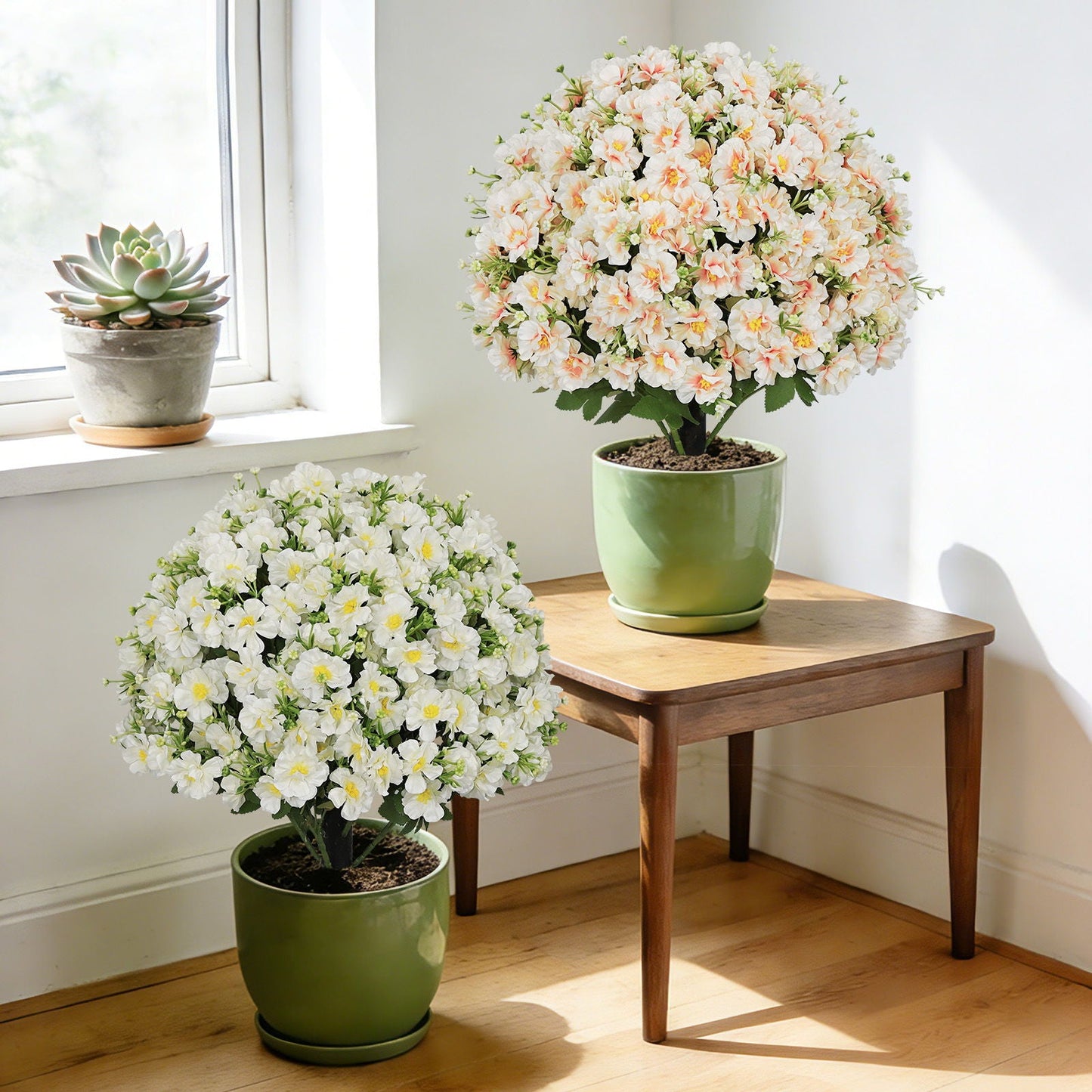 Artificial Snow Lotus Potted Plant, Artificial Floral Decor For Indoor & Outdoor Spaces - White / Pink