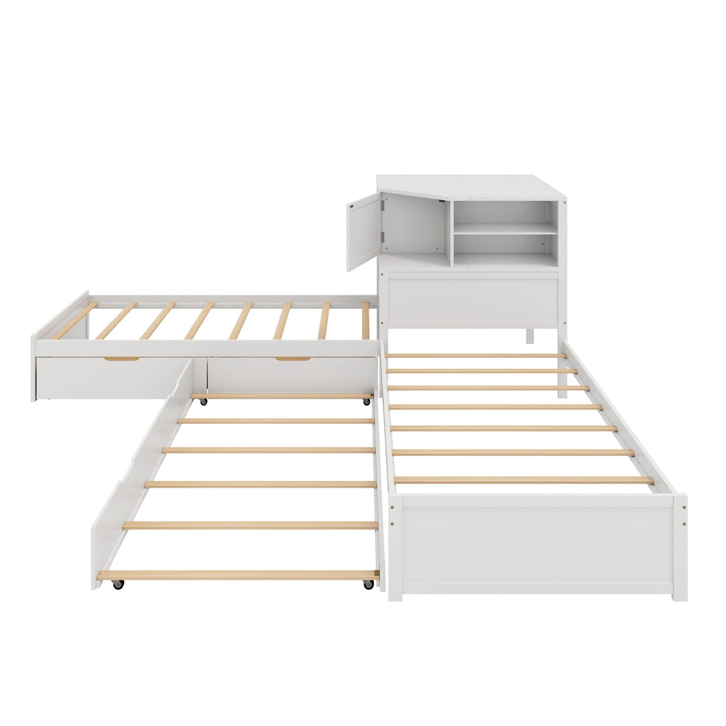 L-Shaped Bed Frame With Trundle, Built In Desk & LED Lighting