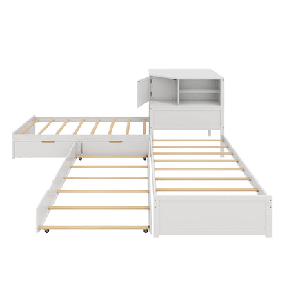 L-Shaped Bed Frame With Trundle, Built In Desk & LED Lighting