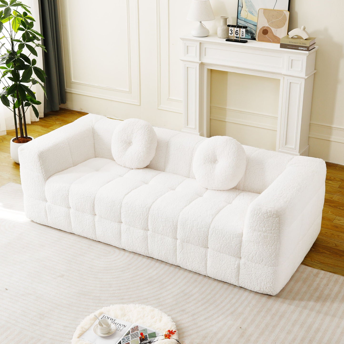 Boneless 3 Seater Sofa With Circular Throw Pillows - Beige