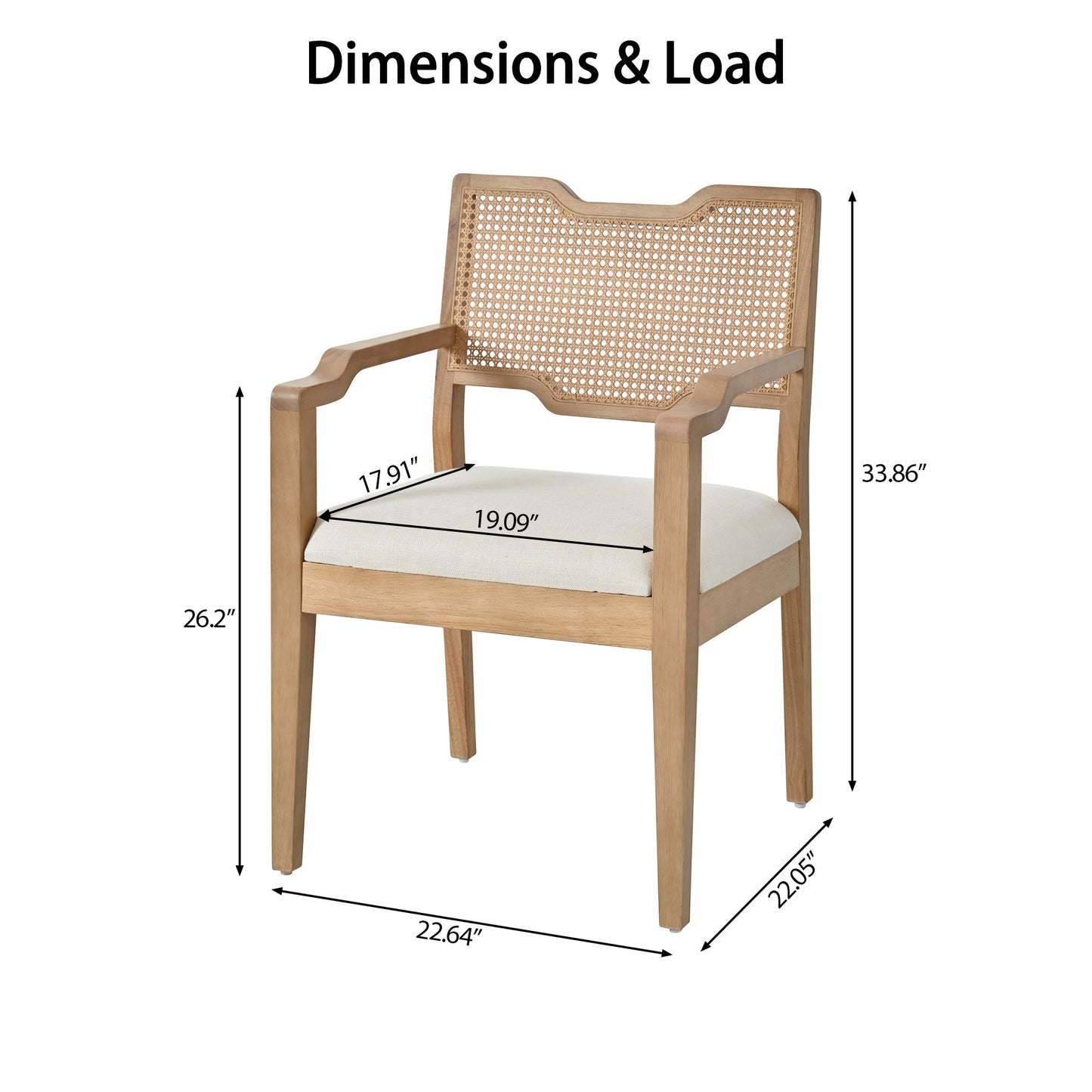 Farmhouse Dining Chairs Set of 2 with Upholstered Seats and Rattan Backrest