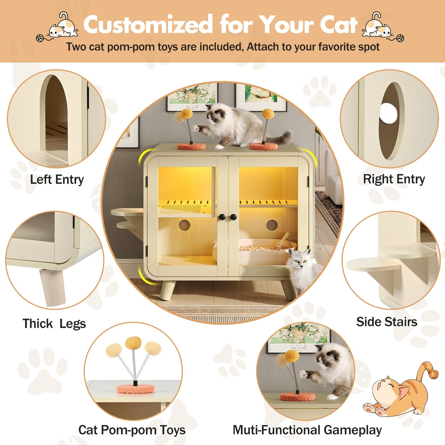 Cat Hidden Litter Box Enclosure with RGB LED Light and Glass Doors