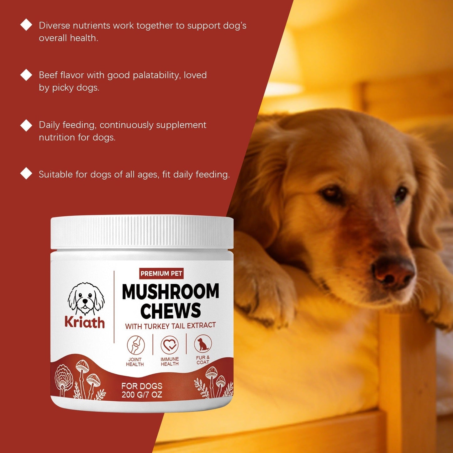 Kriath Mushroom Chewable Tablets For Dogs, Dog Dietary Nutritional Tablets, Daily Feeding Supplement Nutritional Products