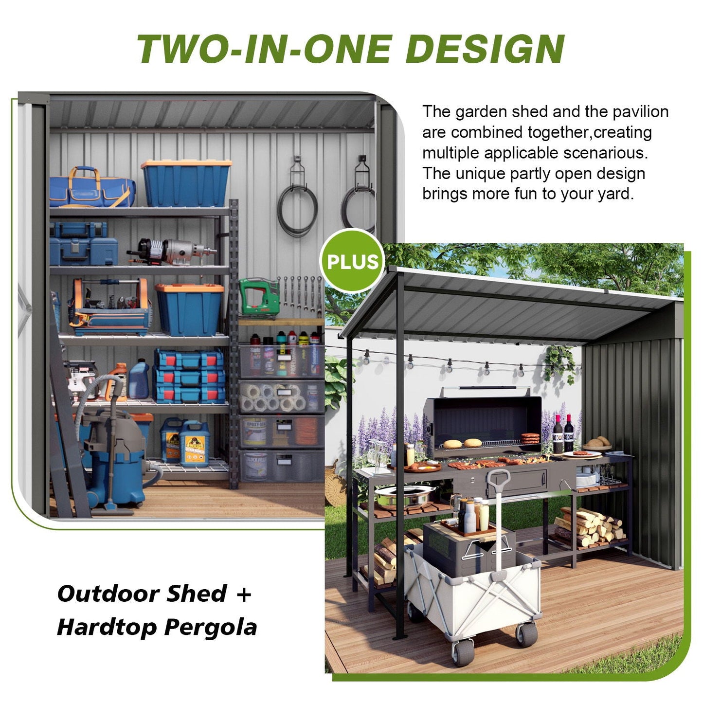 Lean To Shed With Open Sided Pergola, Outdoor Storage Shed & Attached Hardtop Gazebo Combo - Gray