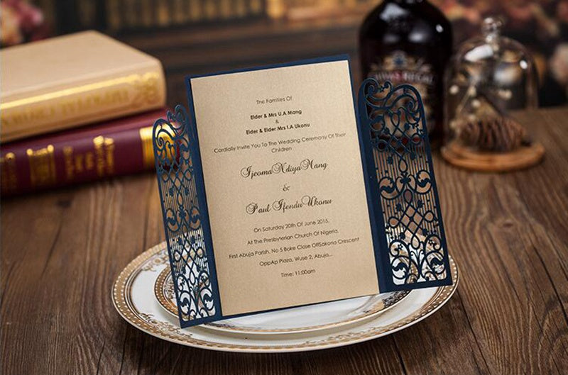 Personalized Navy Blue Laser Cut Wedding Invitation | Custom Tri-Fold Elegant Floral Gate Design Cards for Weddings, Quinceañeras & Special Events