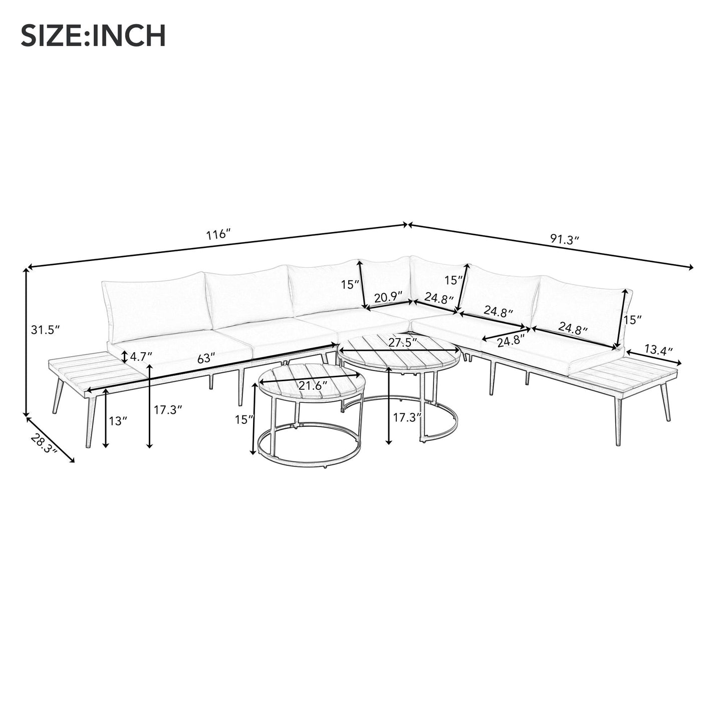 Modern Outdoor Sectional Sofa Set With Nesting Coffee Tables