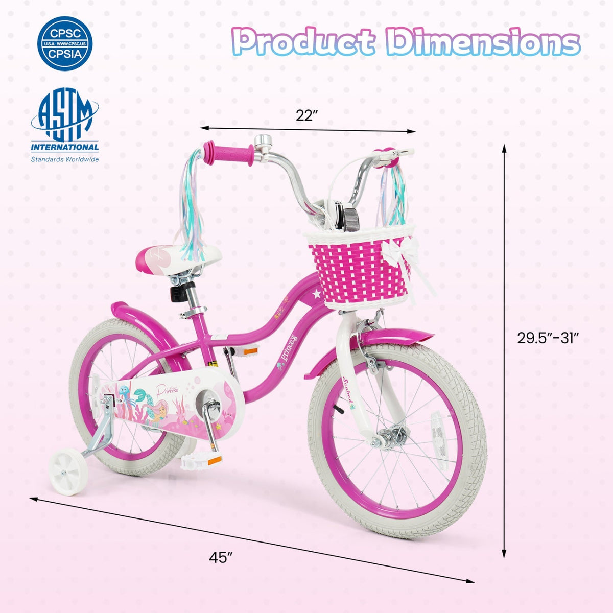 Kids Bike 18-Inch with Training Wheels and Basket Rose Red