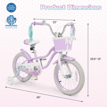 Kids Bike 12-20 Inch with Training Wheels & Basket Purple