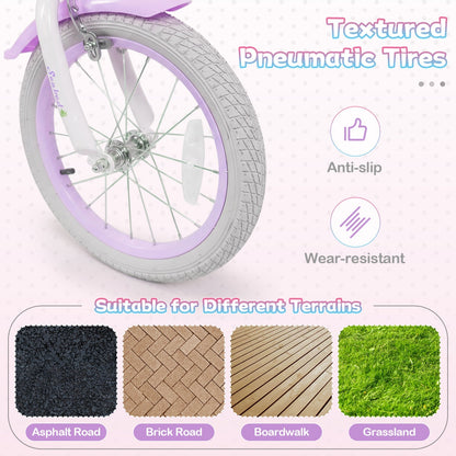 Kids Bike 12-20 Inch with Training Wheels & Basket Purple