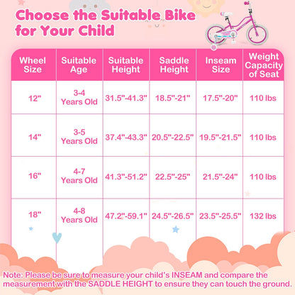 Kids Bike 12-18 Inch with Training Wheels - Pink