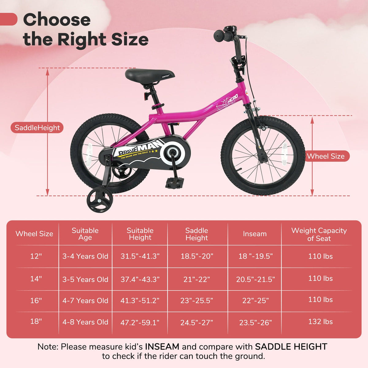 Kids Bike 14-Inch with Removable Training Wheels Pink