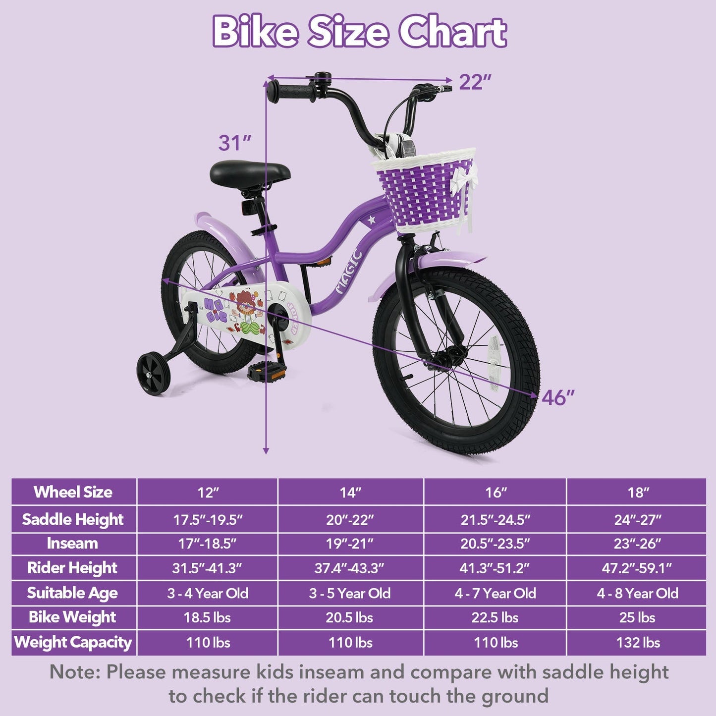 Kids Bike with Training Wheels 12-18 Inch - Purple