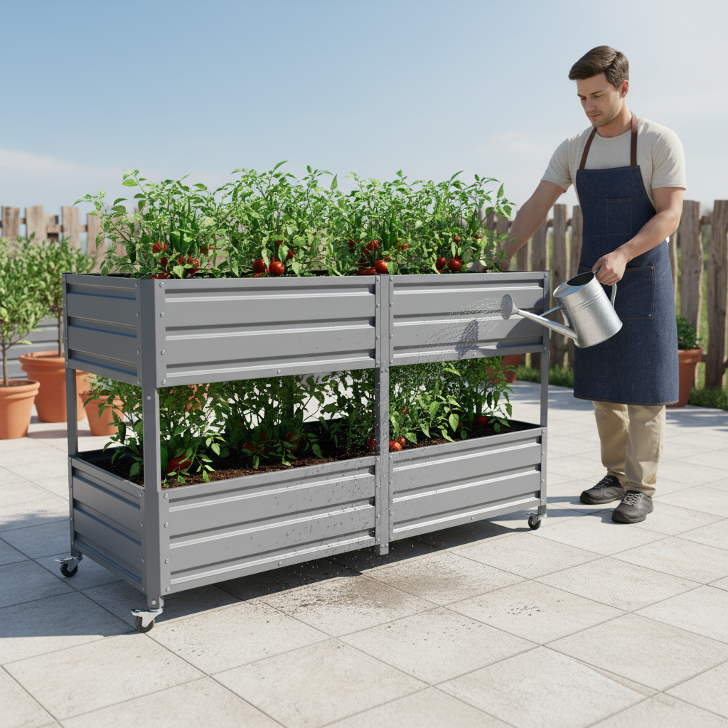 Dual Tier Elevated Metal Raised Garden Bed with Lockable Wheels