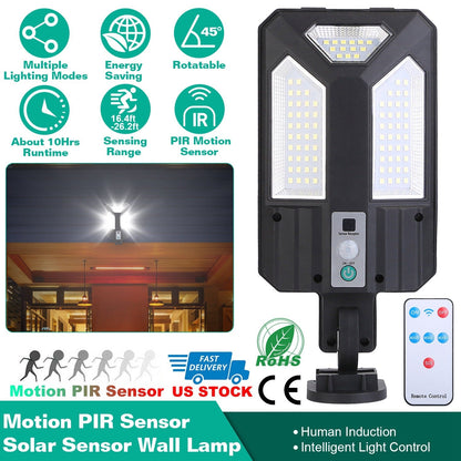 Solar Wall Light Outdoor 87 LED Beads PIR Motion Sensor Remote Control Wireless Lamps IP45 Waterproof Lighting for Garage Front Door Garden Pathway