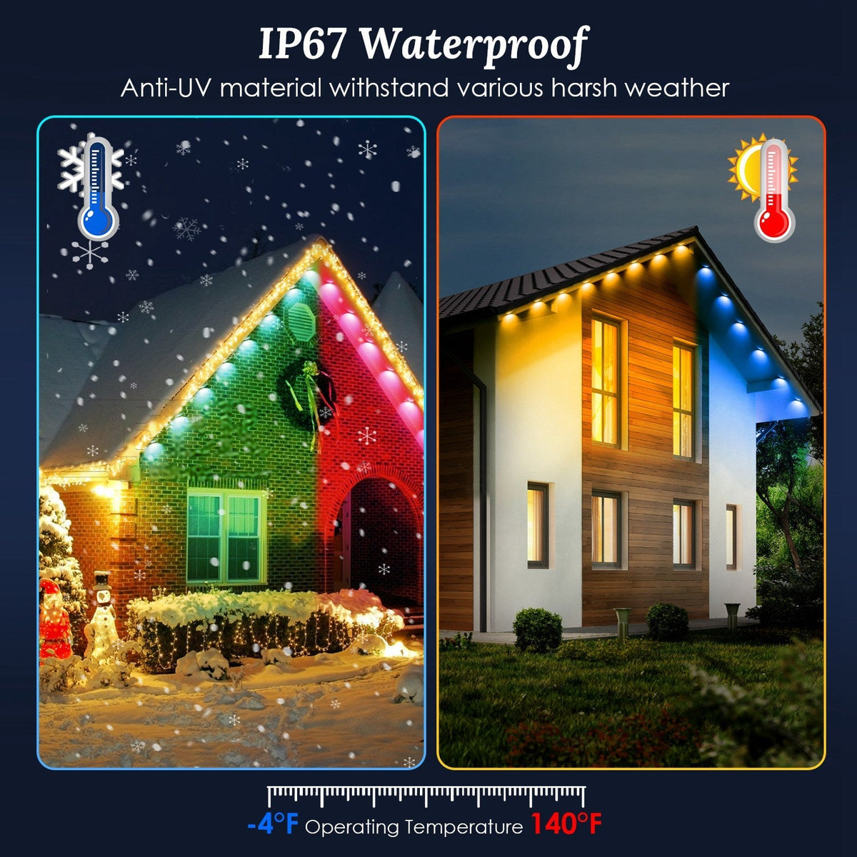 101FT Length Permanent Outdoor Lights With 72Pcs RGB Beads IP67 Waterproof Smart Eave Light For Halloween Christmas Daily House Lighting Works with Al