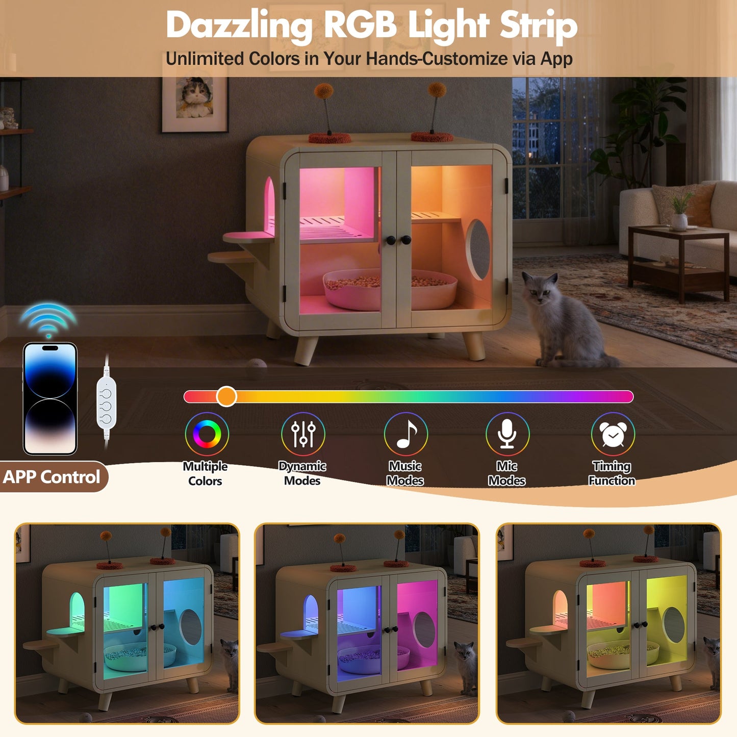 Cat Hidden Litter Box Enclosure with RGB LED Light and Glass Doors