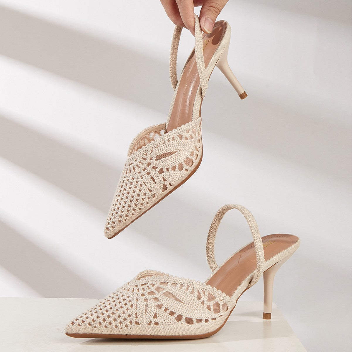 Women's French Style Knitted Cutout Pointed Toe Slingback Heeled Sandals - Elegant Casual Summer High Heel Shoes for Ladies