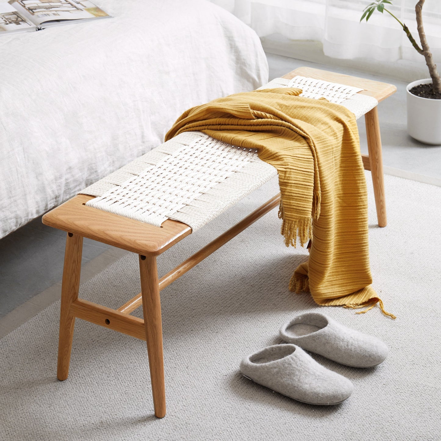 Design Natural Oak Wood Dining Bench with Handwoven Cane Seat in White