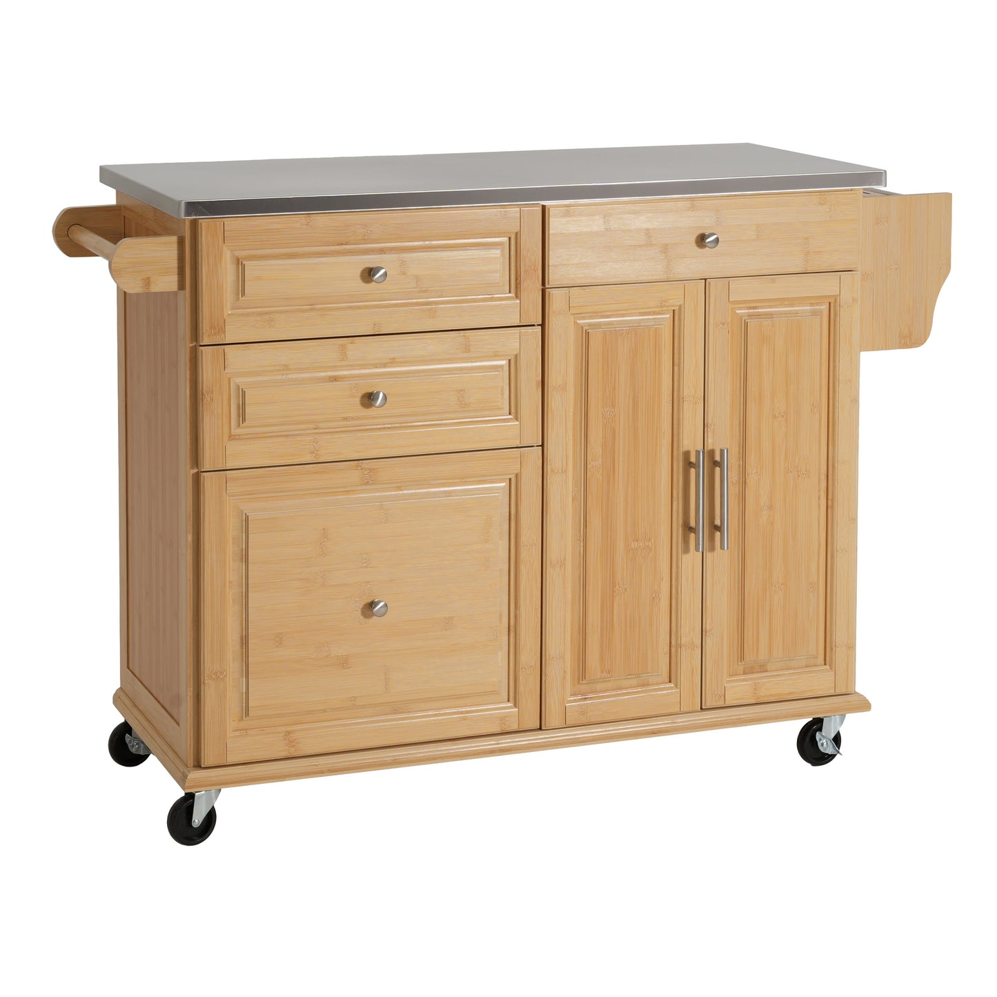Indoor Bamboo Rolling Kitchen Island with Stainless Steel Top
