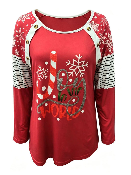Exclusive For European And American Cross-border SalesAutumn Women's Clothing, Christmas Letter Print, Color-blocking, Buttoned Long-sleeve Top In Stock