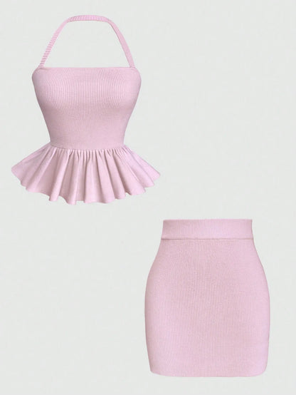 Ribbed Halter Neck Peplum Mini Dress