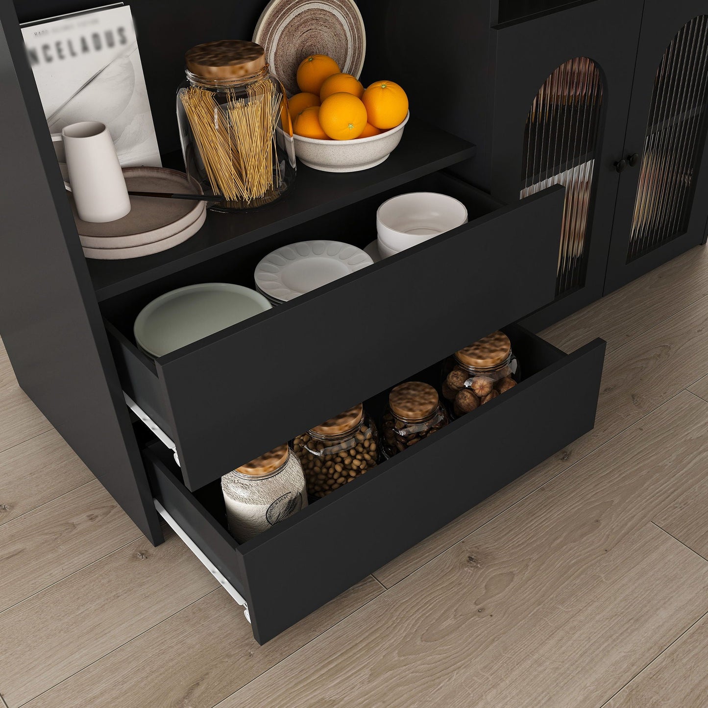 Kitchen Island With Extendable Rotating Table, 4 Drawers & Glass Door Cabinets, Built In Socket - Black