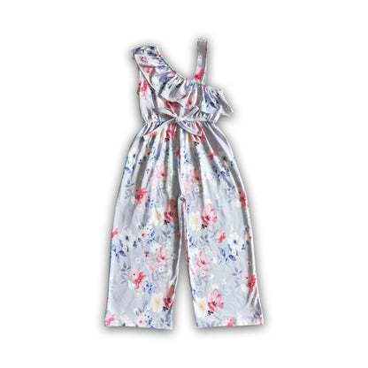 Floral one off shoulder ruffle pants baby girls jumpsuit