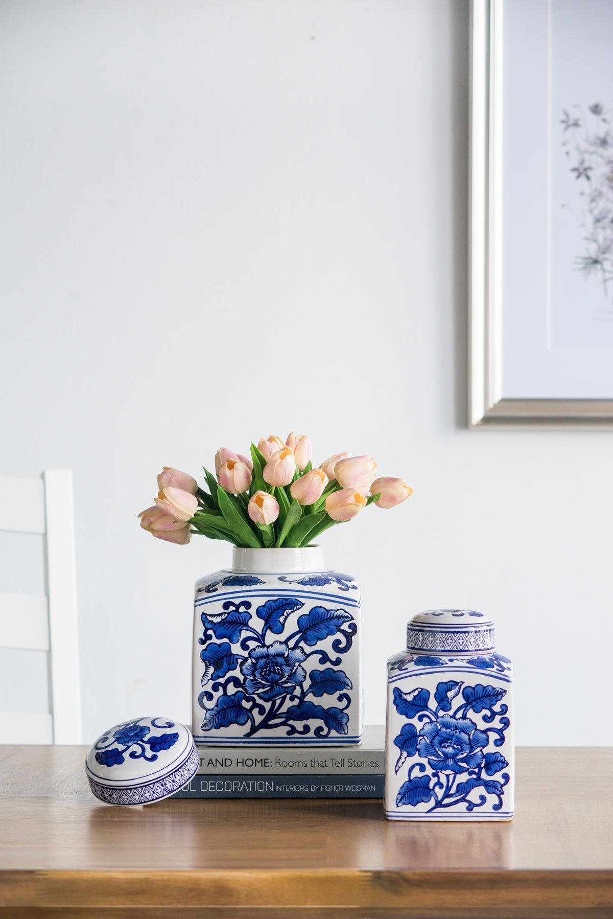 5x5x8' Hand Painted Square Canister with Blue and White Floral Pattern