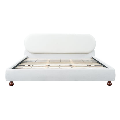 Cream-Colored Boucle Upholstered Bed with Rubber Wood Foot, King