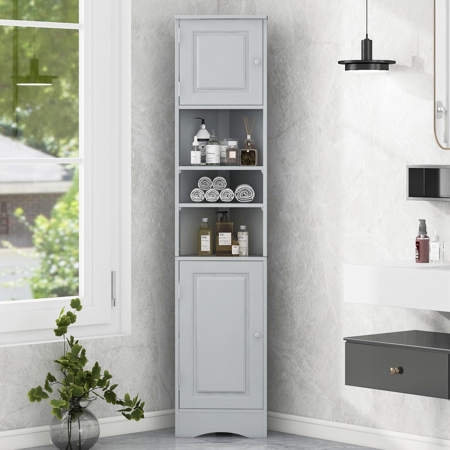 Multi-Functional Corner Cabinet Tall Bathroom Storage Cabinet with Two Doors and Adjustable Shelves, Open Shelf