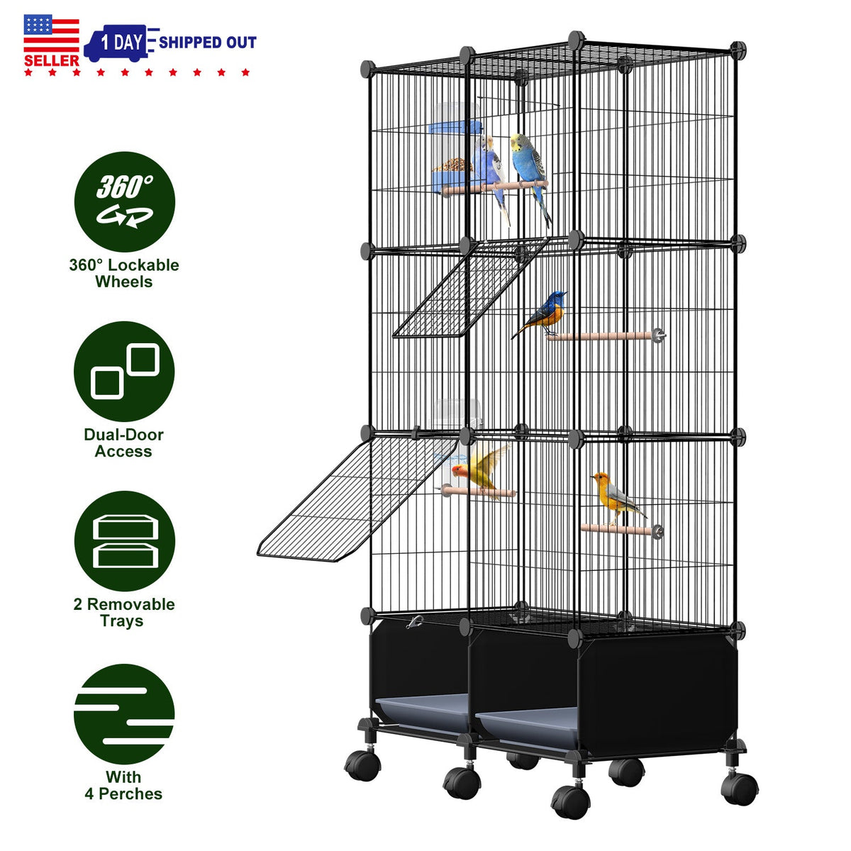 46-Inch Bird Cage with Wooden Perches and Rolling Wheels
