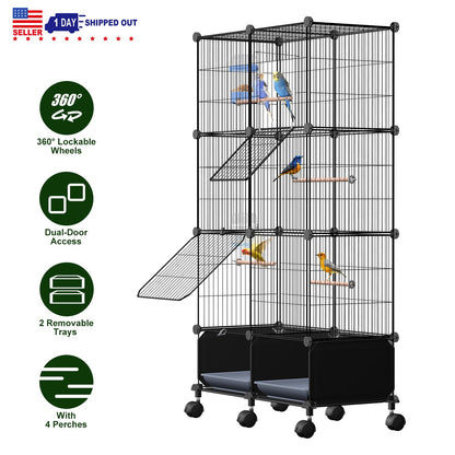 46-Inch Bird Cage with Wooden Perches and Rolling Wheels