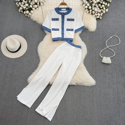 Fashion Two-Piece Set – Elegant Crewneck Single-Breasted Denim Contrast Crop Top + Skirt Suit