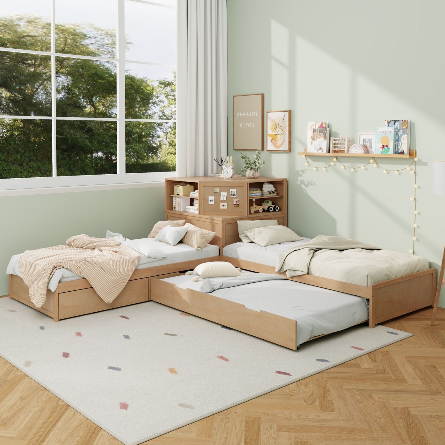L-Shaped Bed Frame With Trundle, Built In Desk & LED Lighting