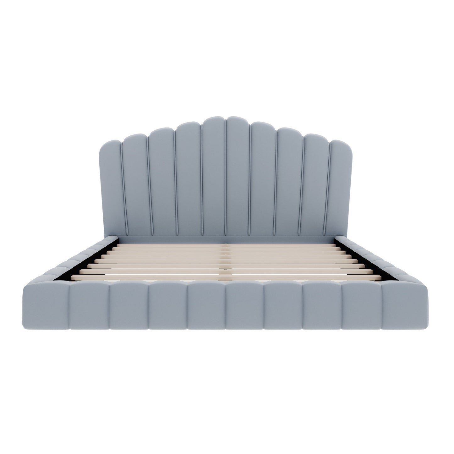 Velvet Upholstered Queen Bed with Shell-Shaped Headboard