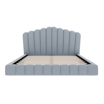 Velvet Upholstered Queen Bed with Shell-Shaped Headboard