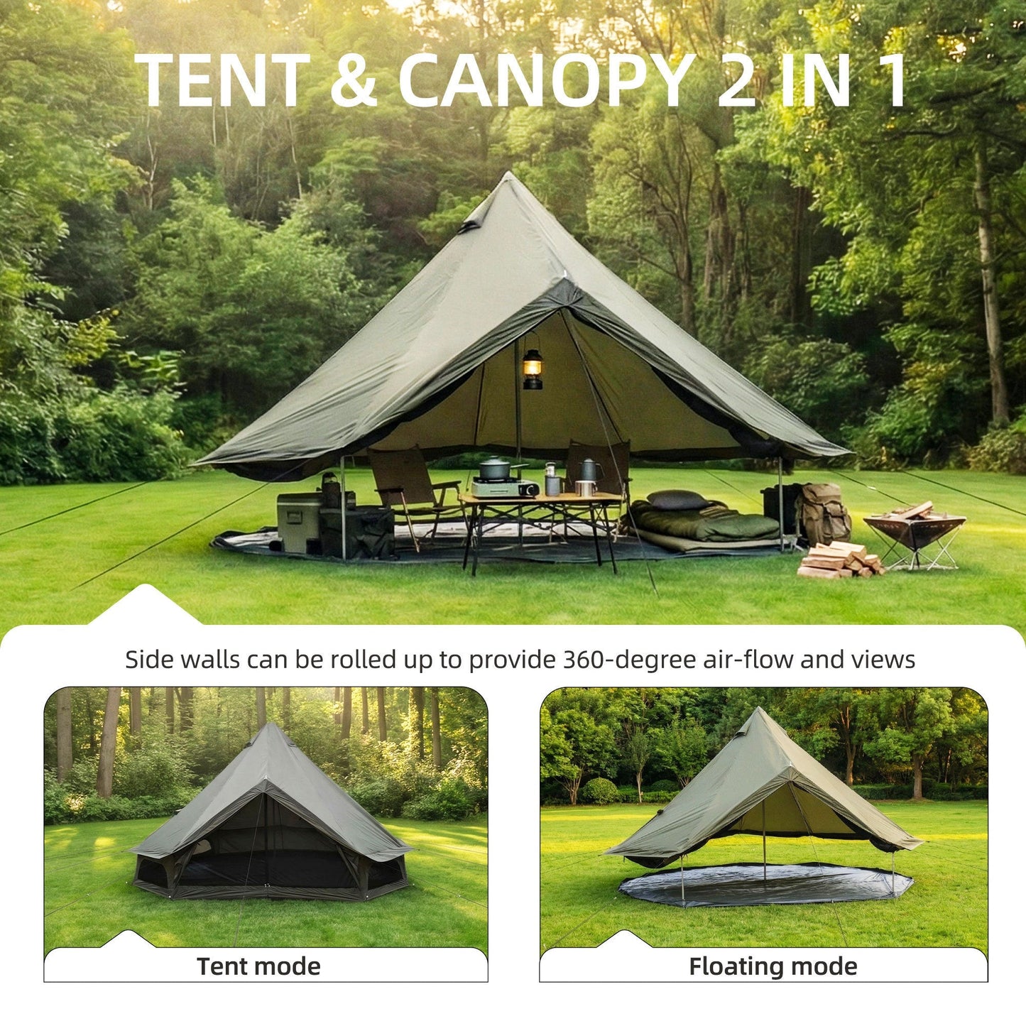 4 Season Bell Tent 13.1FT, Green Waterproof Glamping Yurt Tent