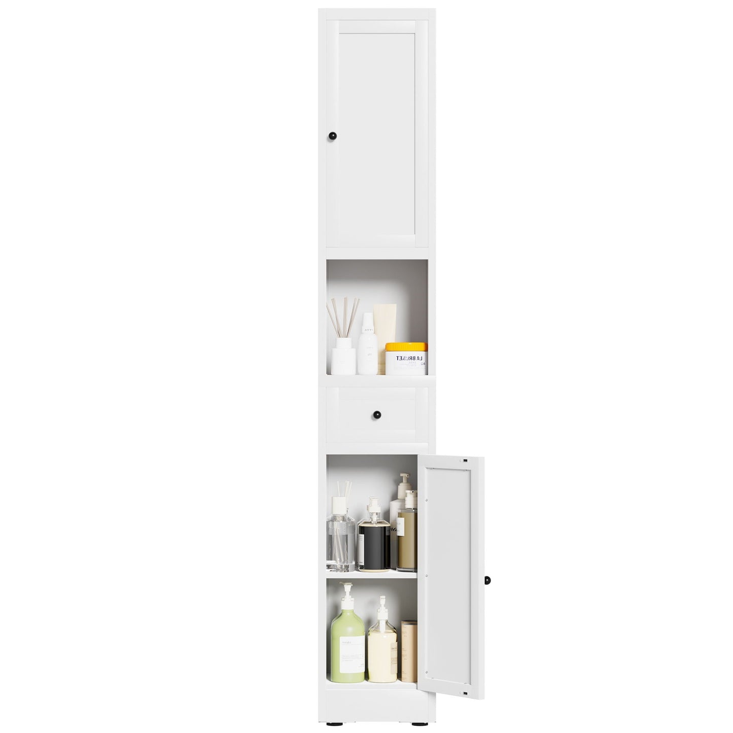Tall Bathroom Storage Cabinet, 5-Tier Narrow With 2 Doors & Adjustable Shelves, Freestanding - White