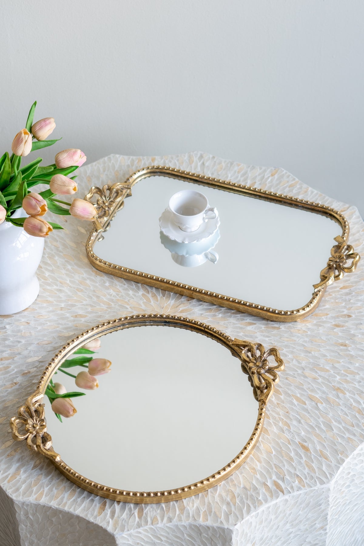 Ornate Gold Accent Tray with Mirrored Surface